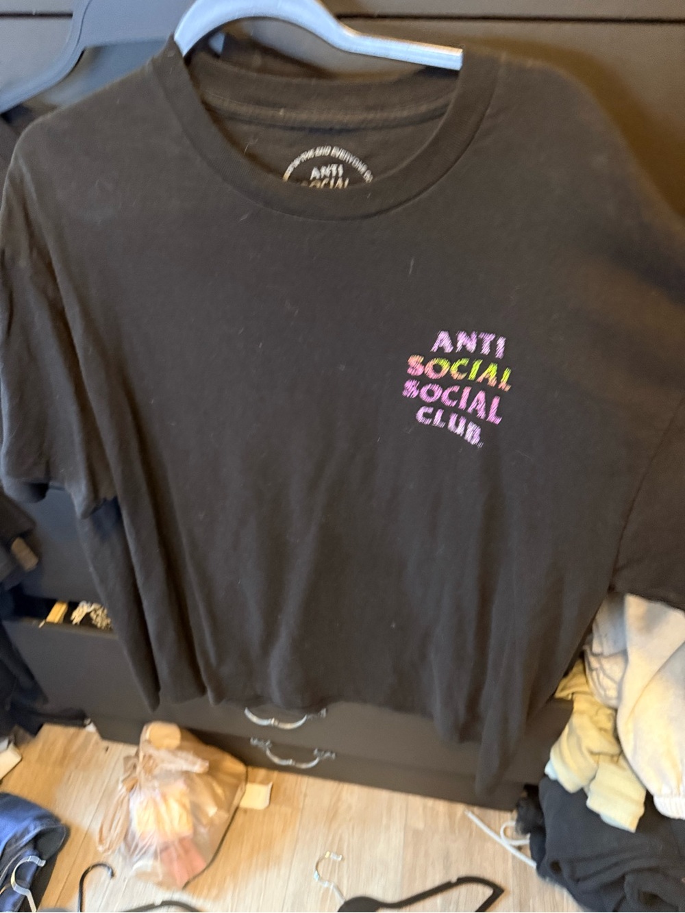 Anti Social Social Club Black Tee with White Chest Print and Pink Accent